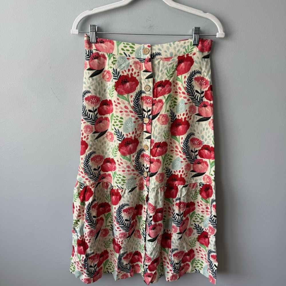 Pepaloves Floral Linen Blend Button Front Tiered Midi Skirt Women's Size M